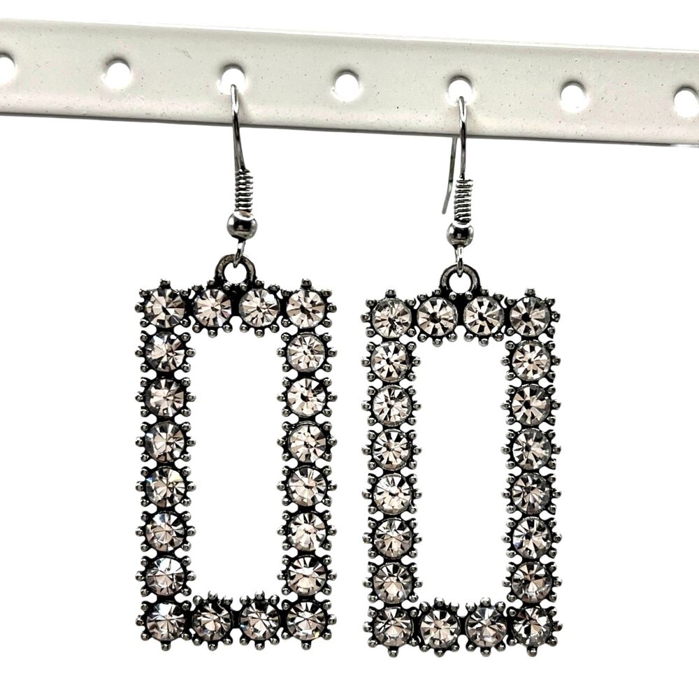 Rectangle Rhinestone Earrings Silver Tone Large Dangle Formal Party Bling Drop